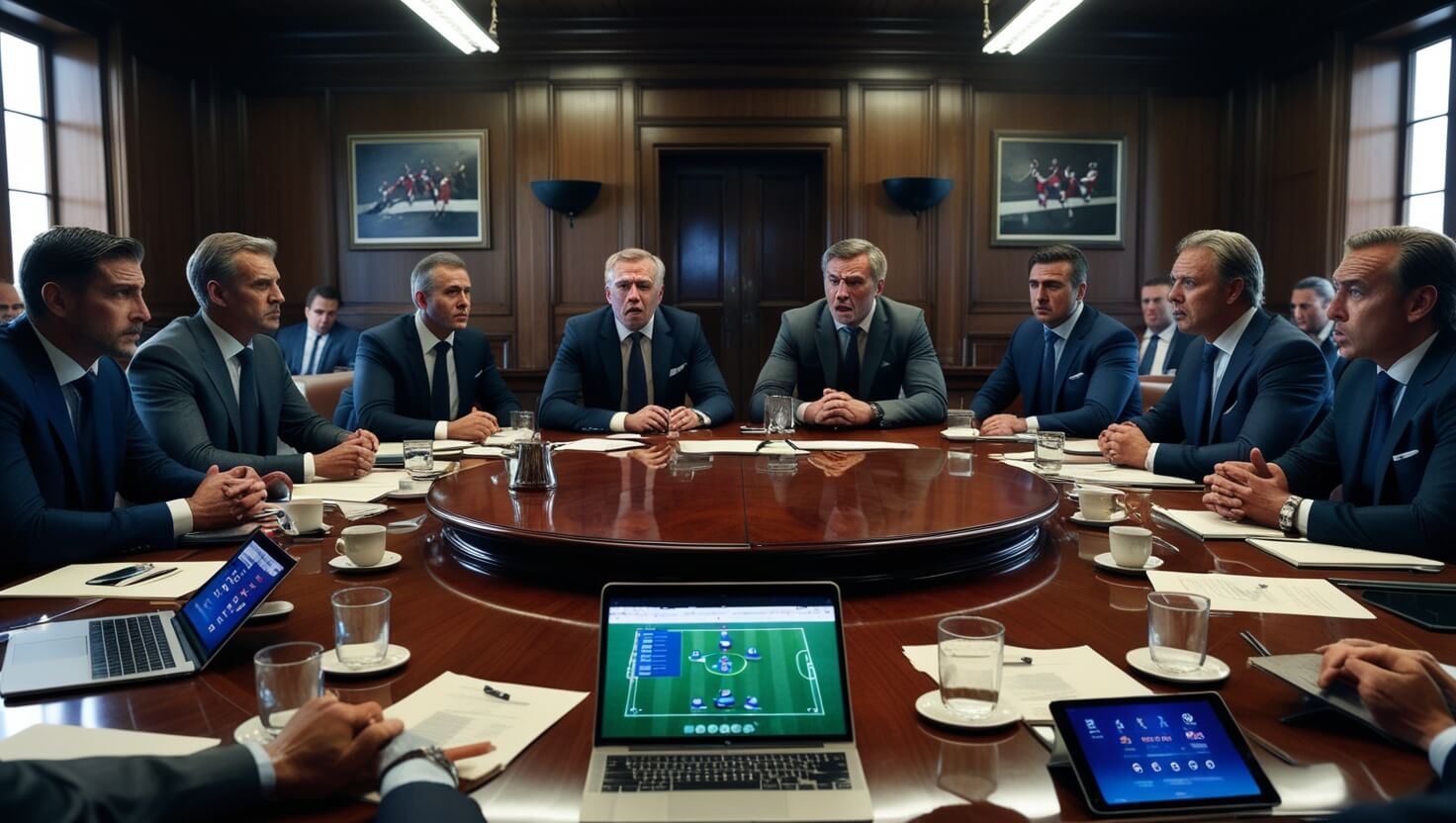 Cena de uma sala de reuniões no futebol, com diretores discutindo transferências e decisões políticas dentro de um clube