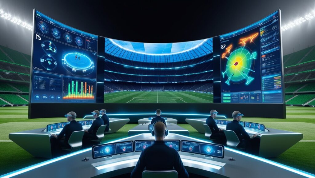 Conceito futurista de VAR com telas de alta tecnologia e gráficos de análise em um campo de futebol