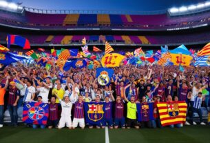 Estádio Camp Nou lotado com torcedores de Real Madrid e Barcelona, mostrando a rivalidade e a energia intensa do clássico espanhol