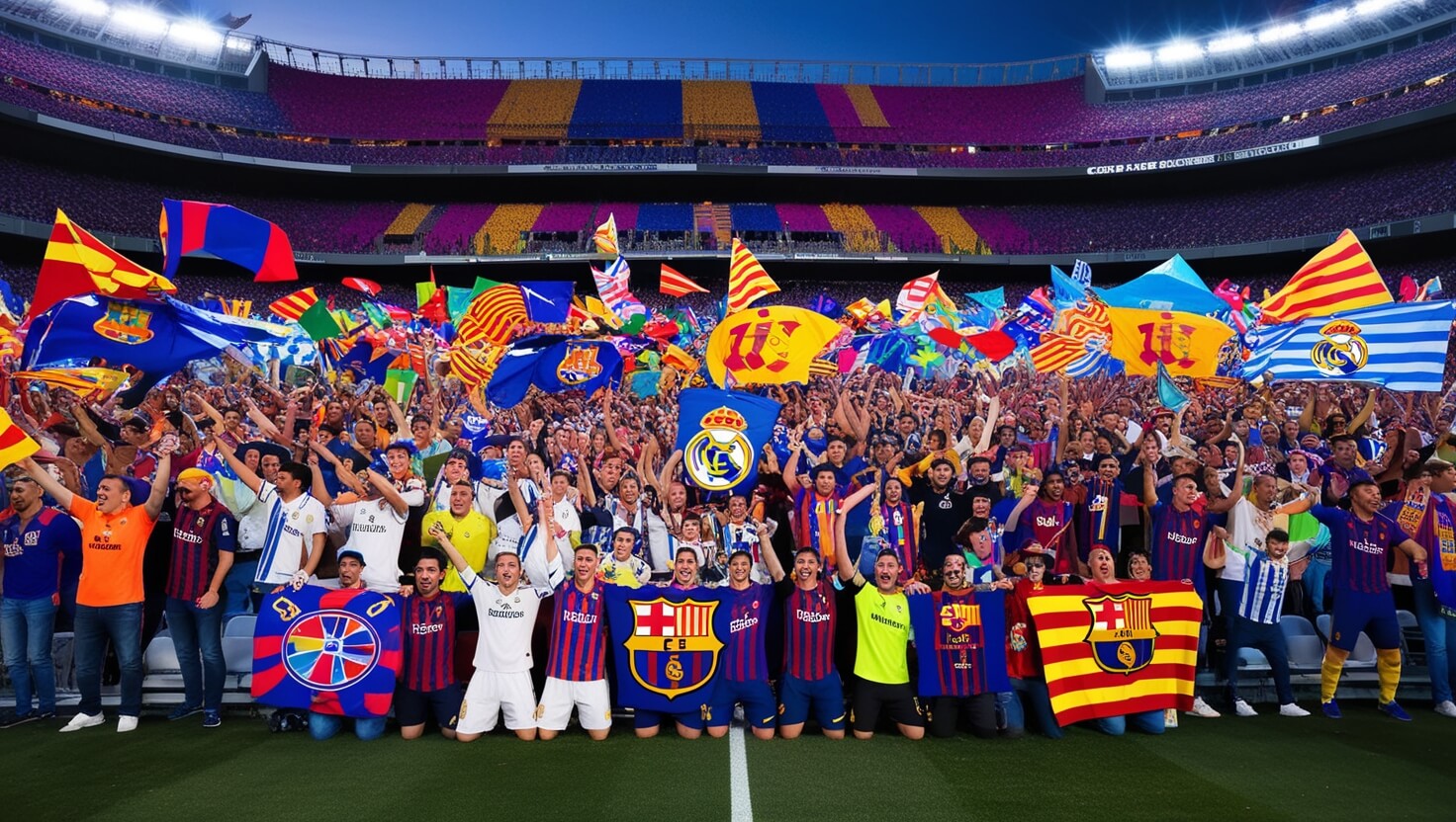 Estádio Camp Nou lotado com torcedores de Real Madrid e Barcelona, mostrando a rivalidade e a energia intensa do clássico espanhol