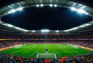 Estádio cheio à noite com foco na área de pênalti, transmitindo tensão antes de uma cobrança decisiva