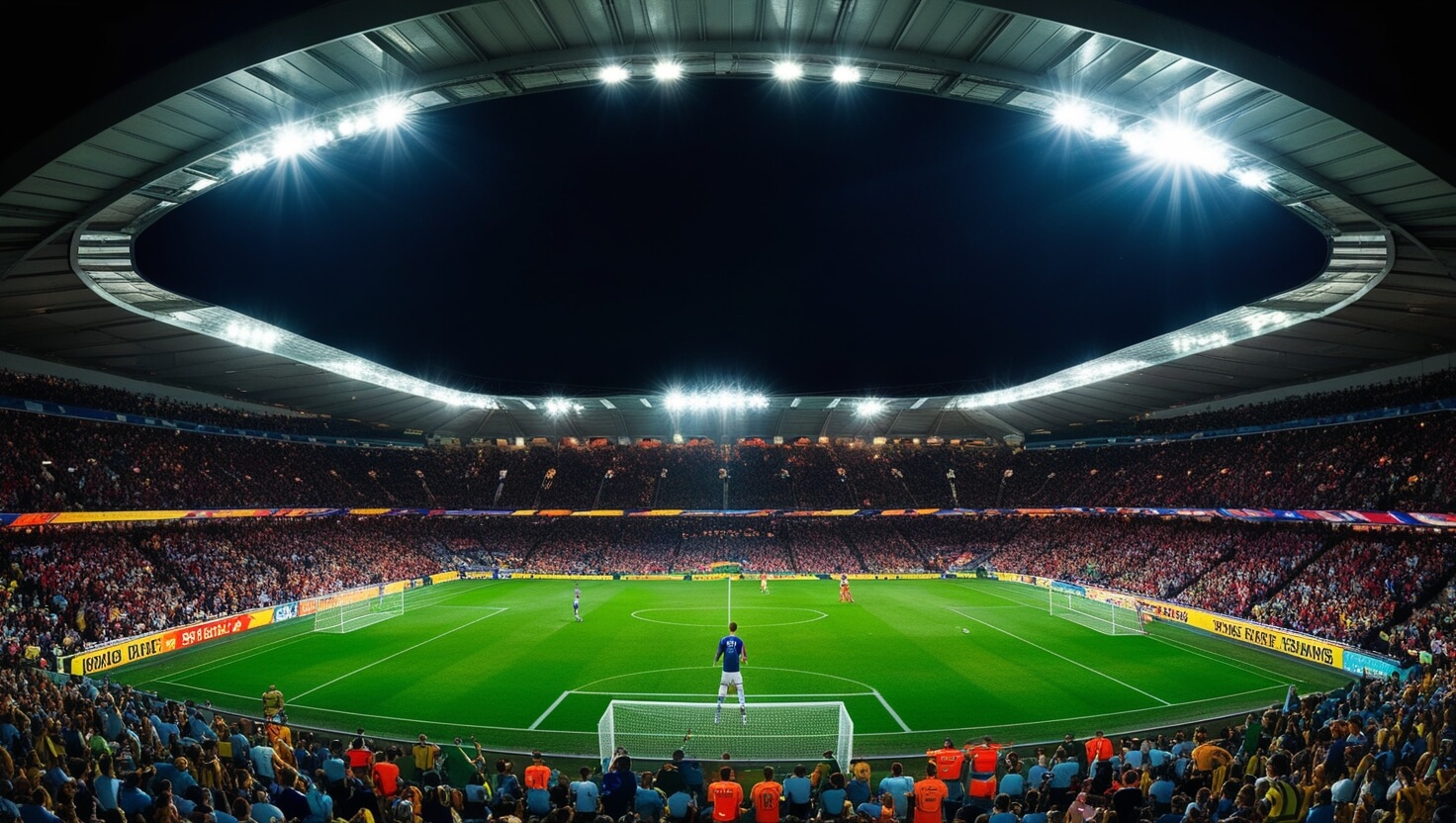 Estádio cheio à noite com foco na área de pênalti, transmitindo tensão antes de uma cobrança decisiva