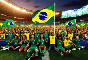 Estádio de futebol lotado com torcedores brasileiros vibrando e segurando bandeiras durante um jogo do Campeonato Brasileiro