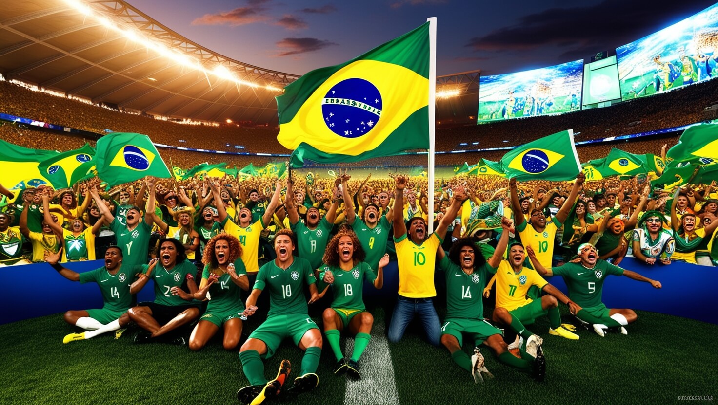 Estádio de futebol lotado com torcedores brasileiros vibrando e segurando bandeiras durante um jogo do Campeonato Brasileiro