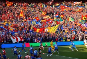 Estádio de futebol lotado com torcedores segurando bandeiras e cachecóis coloridos, criando uma atmosfera elétrica em um jogo decisivo