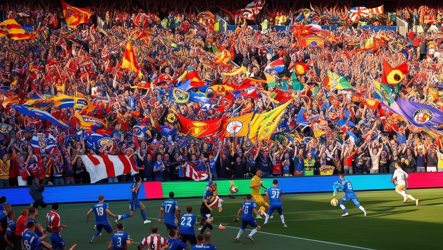 Estádio de futebol lotado com torcedores segurando bandeiras e cachecóis coloridos, criando uma atmosfera elétrica em um jogo decisivo