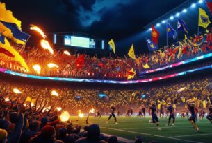 Estádio lotado com torcedores vibrantes e bandeiras durante um clássico decisivo de futebol