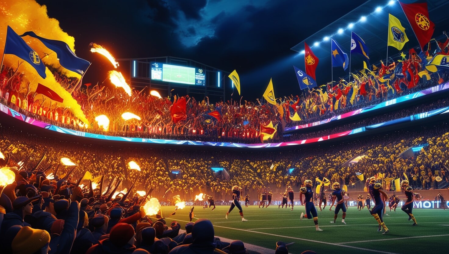 Estádio lotado com torcedores vibrantes e bandeiras durante um clássico decisivo de futebol