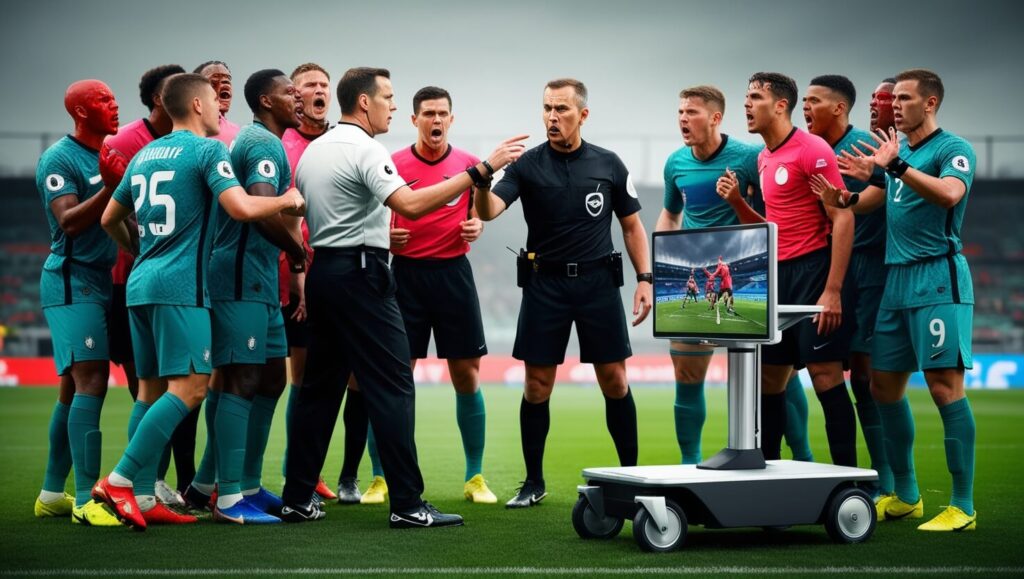 Jogadores discutindo com o árbitro após uma revisão do VAR, com o árbitro apontando para o monitor.