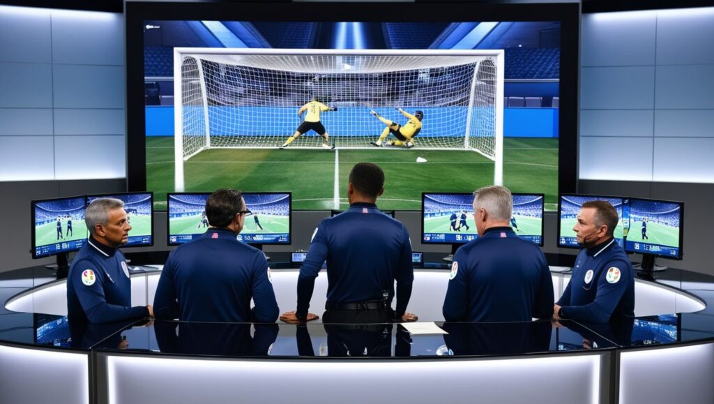 Sala de VAR com árbitros assistindo a uma jogada polêmica em monitores durante uma partida de futebol