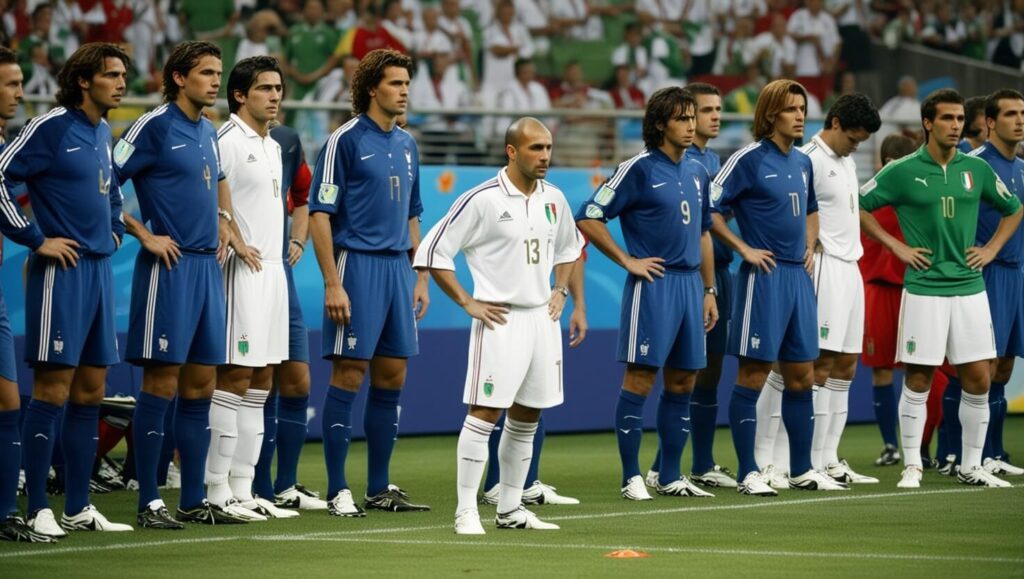 Times da França e Itália se preparando para disputa de pênaltis na final da Copa de 2006, com a ausência de Zidane destacada