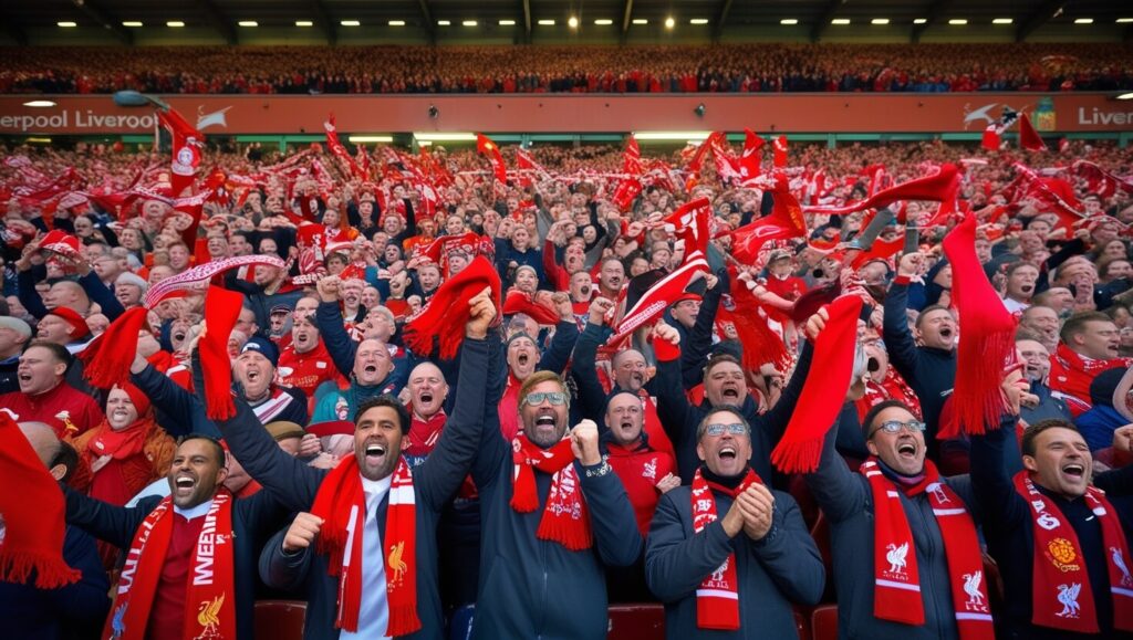 Torcedores do Liverpool em Anfield, segurando cachecóis vermelhos e cantando ‘You’ll Never Walk Alone’ com emoção