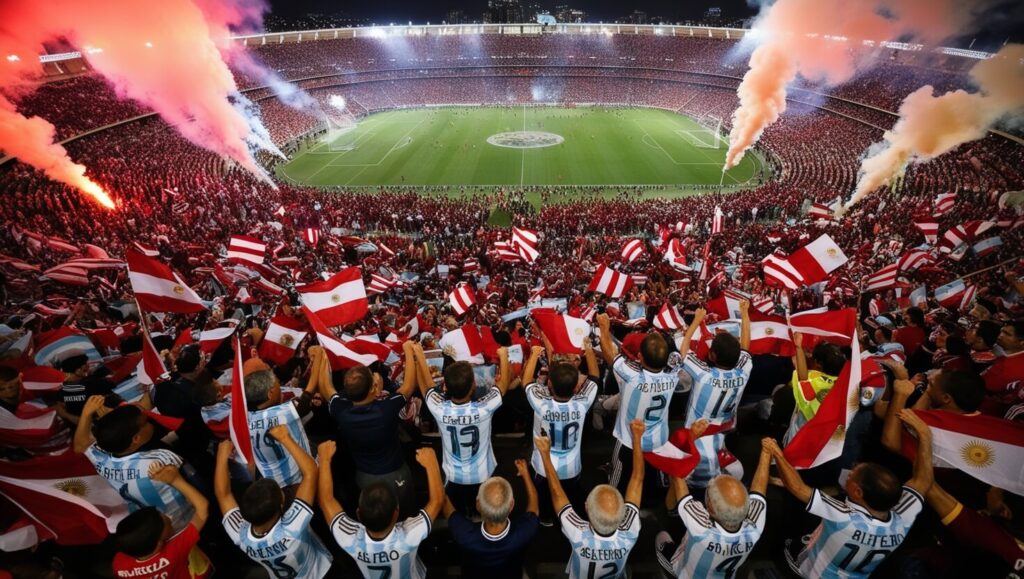 Torcedores do River Plate segurando bandeiras e sinalizadores vermelhos e brancos no estádio Monumental, criando um cenário de alta energia