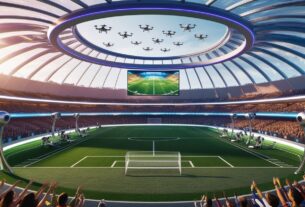 Uma visão futurista de um campo de futebol com tecnologia avançada, como drones e câmeras 360°