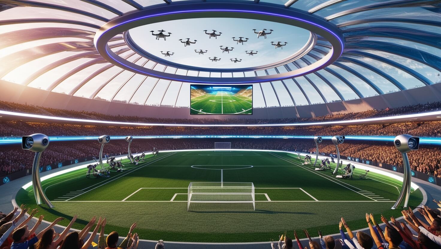 Uma visão futurista de um campo de futebol com tecnologia avançada, como drones e câmeras 360°